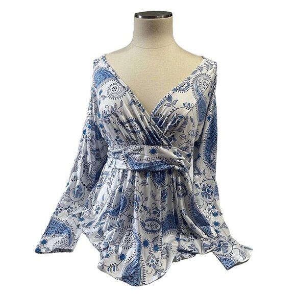 Plus Size V-Neck Banded Waist Layered Promenade Boho Blue Paisley Floral Top - Picture 6 of 8